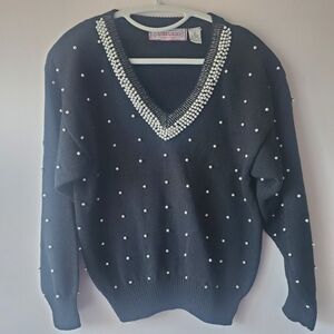 Amilano Collection VTG Women's Black Sweater Pearl Detailing Sz M Holiday Preppy